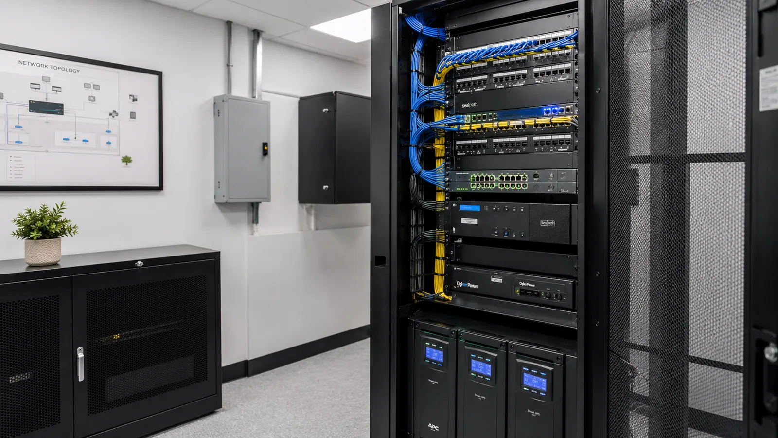 Sala técnica com rack de rede organizado, nobreak e cabeamento estruturado