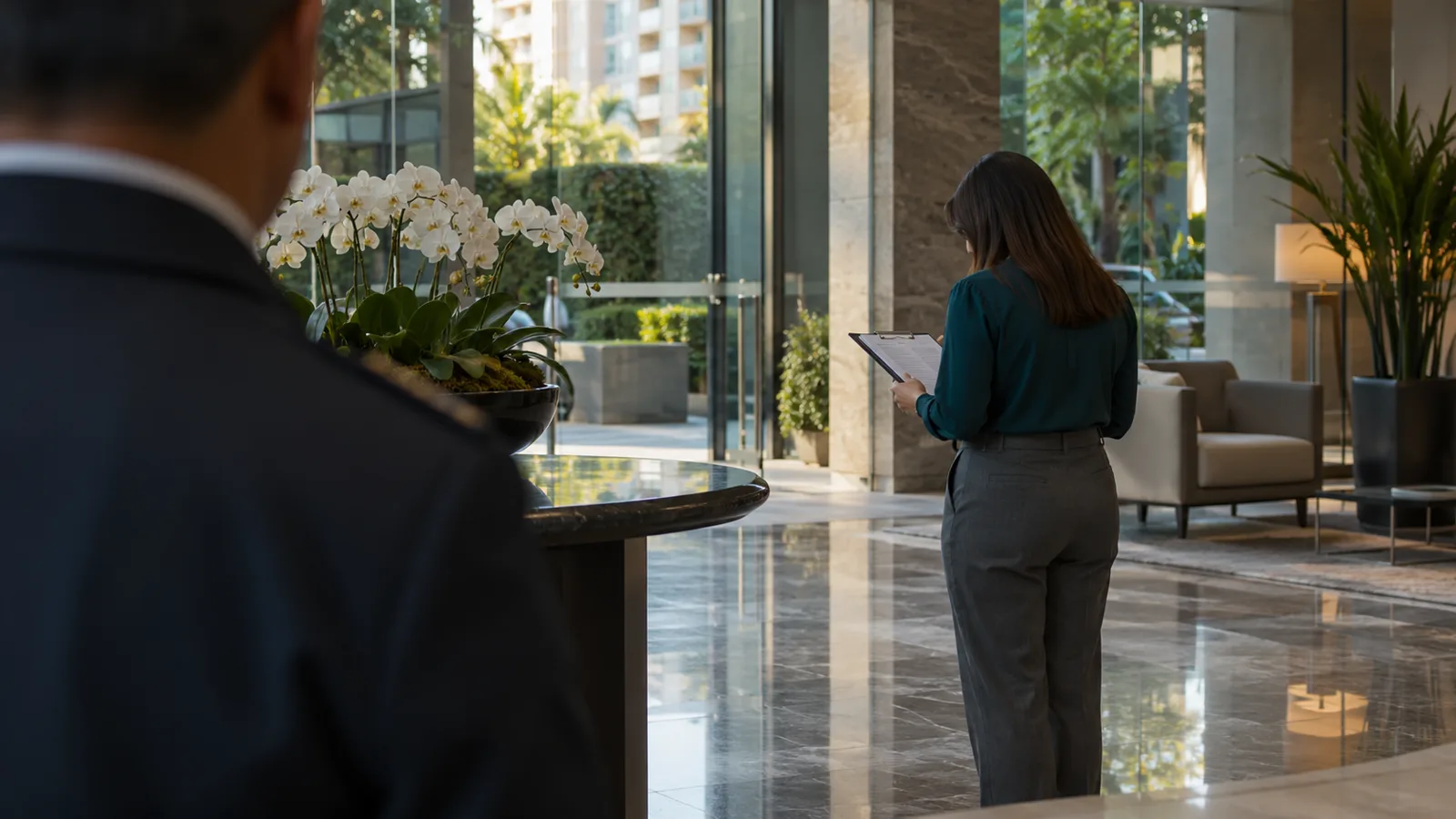 Hall de entrada de condomínio ao fim da tarde, com porteiro em primeiro plano e síndica conferindo documentos ao fundo