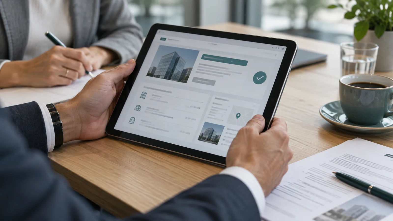 Duas pessoas conferindo a regularidade de uma empresa num tablet, sobre mesa de reunião com contrato impresso