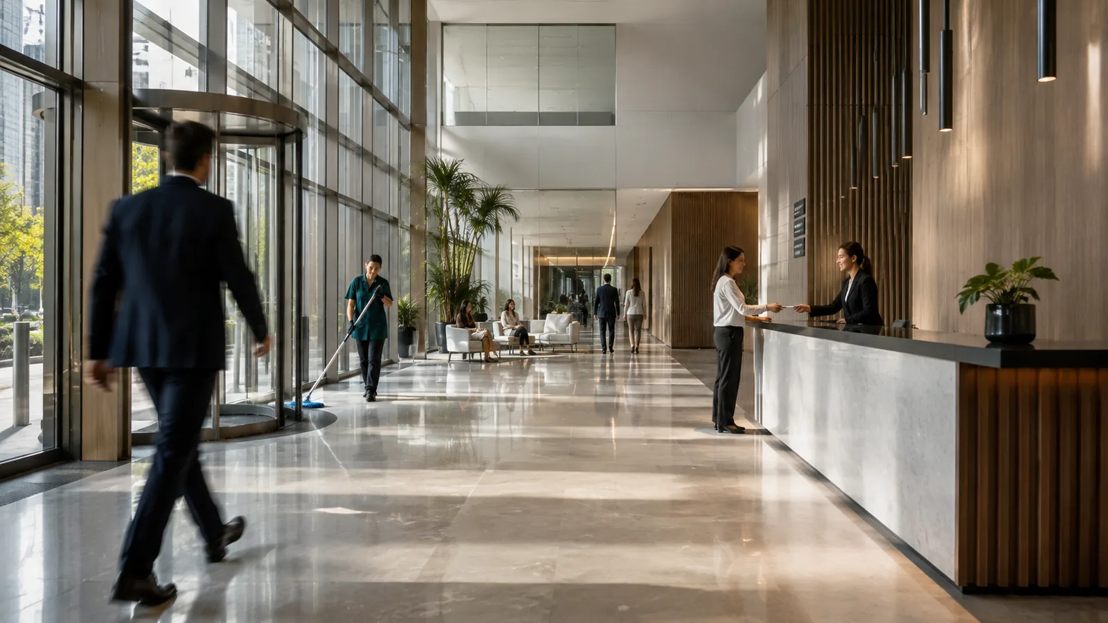 Lobby corporativo em movimento, com recepção, limpeza e circulação de pessoas ao mesmo tempo