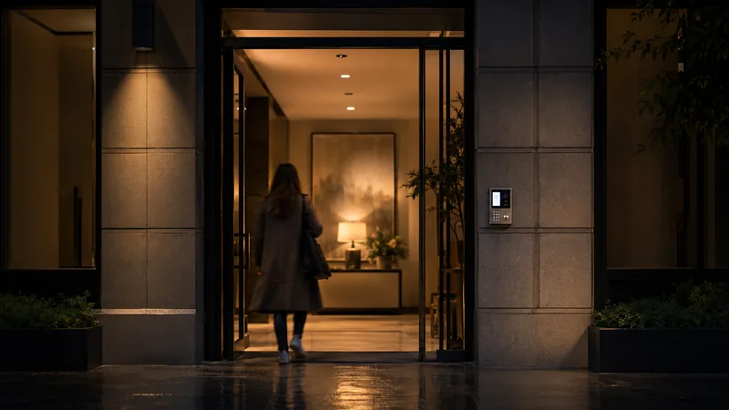 Entrada de edifício à noite vista da rua, com leitor de acesso aceso e morador entrando