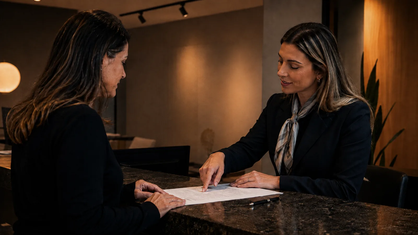 Profissional do Grupo Belfort orientando moradora sobre o formulário de cadastro