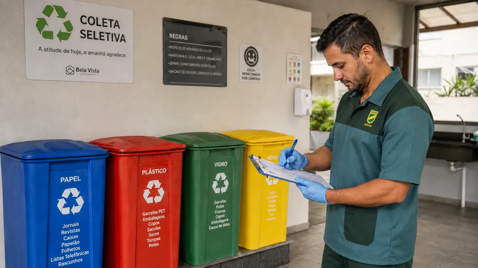 Central de resíduos organizada com coleta seletiva e registro de destinação