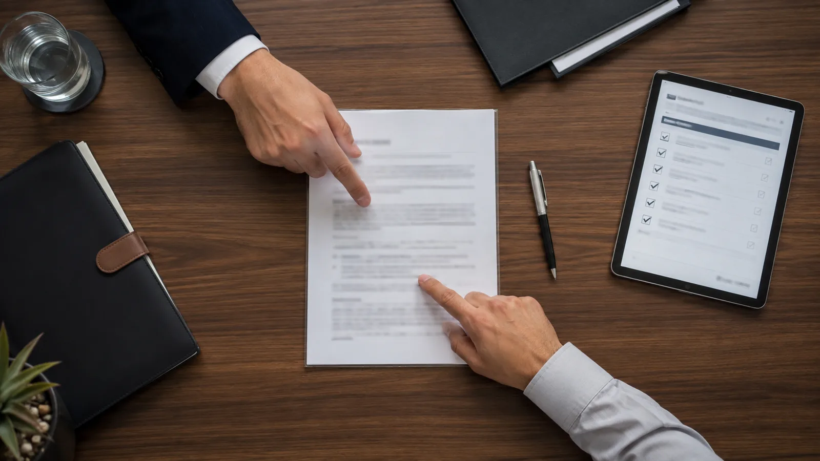 Contrato, checklist em tablet e mãos apontando um trecho do documento sobre a mesa