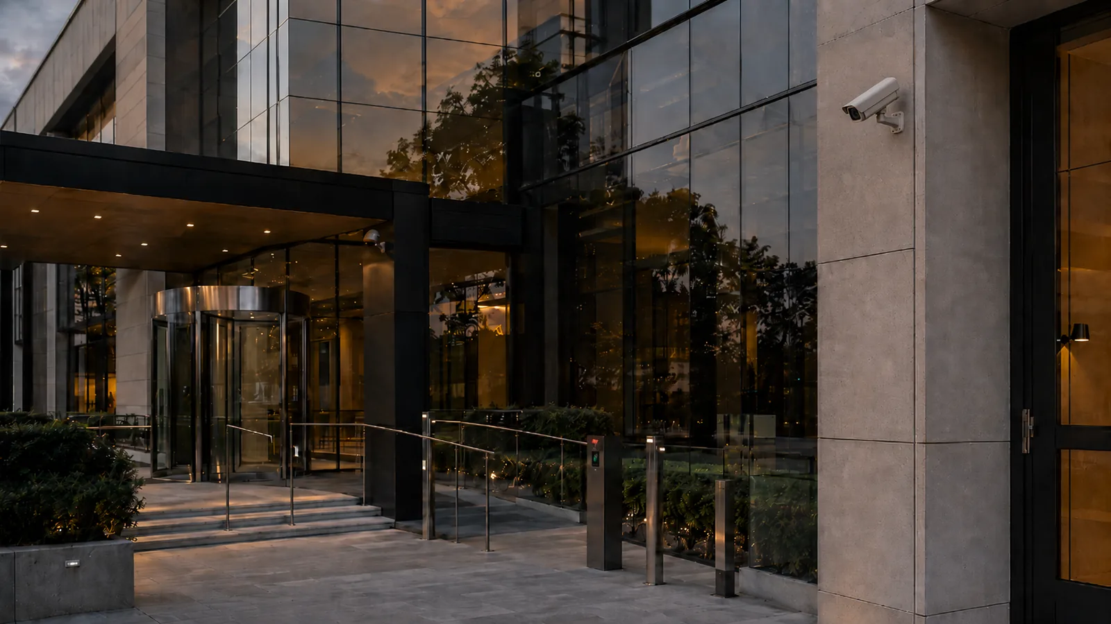 Fachada corporativa ao entardecer com câmeras e sensores integrados à arquitetura