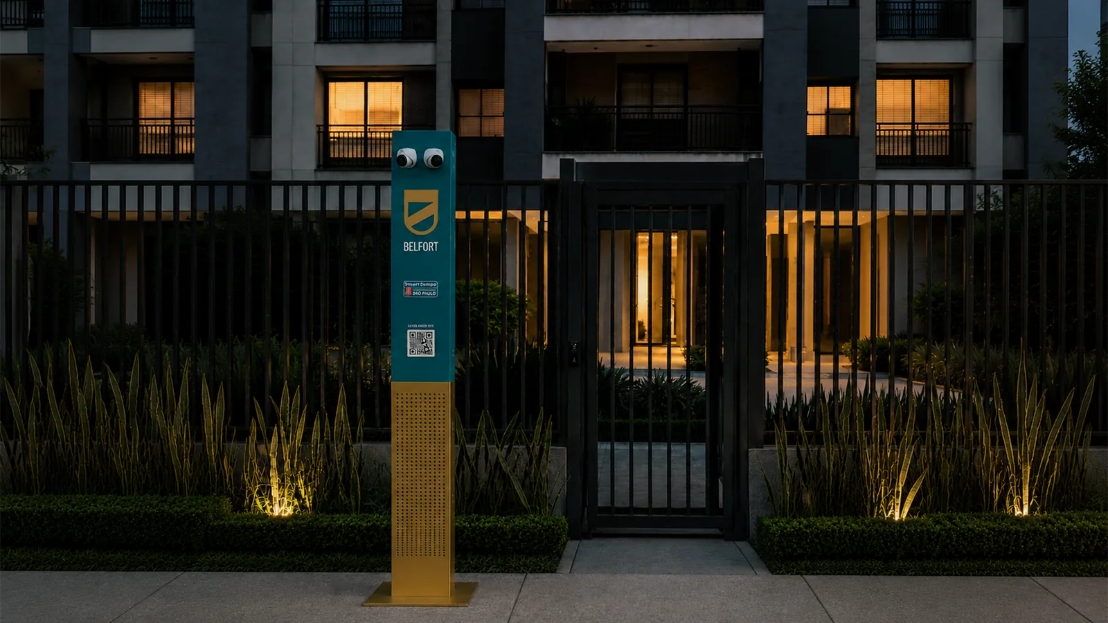 Totem BelSafe em uso na entrada de condomínio, com a tela acesa ao anoitecer